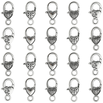 25Pcs 5 Styles Tibetan Style Alloy Lobster Claw Clasps, Heart, Antique Silver, 25~27x14.5x5~6mm, Hole: 4mm, 5pcs/style
