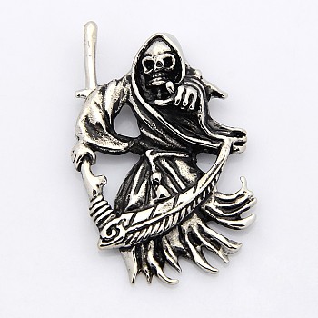Retro Grim Reaper 304 Stainless Steel Gothic Pendants, Antique Silver, 49x31x7mm, Hole: 4x6mm