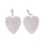 Brass Micro Pave Cubic Zirconia Pendants, Cadmium Free & Lead Free, with Tube Bails, Heart, Clear, Platinum, 22x21.5x2mm, Tube Bails: 6x3mm, Hole: 3.5x4mm(KK-D159-24P)