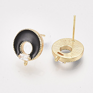 Real 18K Gold Plated Brass Enamel Stud Earring Findings, with Cubic Zirconia and Loop, Nickel Free, Flat Round, Clear, Black, 13.5x11.5mm, Hole: 0.9mm, Pin: 0.8mm(KK-T038-575A-G-NF)