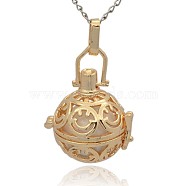 Golden Tone Brass Hollow Round Cage Pendants, with No Hole Spray Painted Brass Round Ball Beads, White, 35x25x21mm, Hole: 3x8mm(KK-J216-12G)