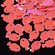 Ornament Accessories, PVC Plastic Paillette/Sequins Charms, Fish, Red, 8x5x0.3mm, Hole: 0.8mm, about 25000pcs/500g(PVC-T003-01E)