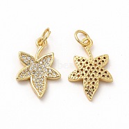 Rack Plating Brass Micro Pave Cubic Zirconia Pendants, with Jump Ring, Real 18K Gold Plated, Long-Lasting Plated, Maple Leaf Charm, Real 18K Gold Plated, 17.5x12x2mm, Hole: 3.6mm(ZIRC-M120-06G)