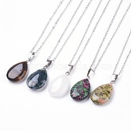Natural & Synthetic Gemstone Pendant Necklaces, with Brass Chains, teardrop, 17.3 inch(44cm), 1.5mm(X-NJEW-JN02160)