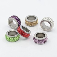 304 Stainless Steel Column Beads, with Polymer Clay Rhinestone, Stainless Steel Metal Color, Mixed Color, 13x6mm, Hole: 8mm(RB-I065-M)