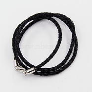 Braided Leather Cords, for Necklace Making, with Brass Lobster Clasps, Platinum, Black, 21 inch, 3mm(NCOR-D002-533mm-17)