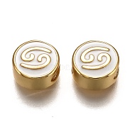 Brass Beads, with Enamel, Flat Round with Constellation, Real 18K Gold Plated, White, Cancer, 10x5mm, Hole: 4.5x2.5mm(ENAM-I046-02G-02)