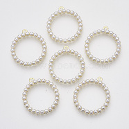 ABS Plastic Imitation Pearl Pendants, with Alloy Cabochon Settings, Round Ring, Golden, 31.5x28.5x4.5mm, Hole: 1.8mm(PALLOY-N0149-011)