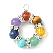 Chakra Gemstone Copper Wire Wrapped Pendants, Round Ring Charms, Silver Color Plated, Mixed Dyed and Undyed, 28x23x6mm, Hole: 2.5mm(PALLOY-TA00065-01)