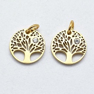 316 Surgical Stainless Steel Pendants, with Cubic Zirconia, Flat Round with Tree, Clear, Real 18K Gold Plated, 12x1.5mm, Hole: 3mm(STAS-K178-11G)