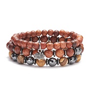 3Pcs 3 Style Natural Picture Jasper & Wood & Synthetic Hematite Stretch Bracelets Set with Alloy Lotus Charm, Gemstone Jewelry for Women, Inner Diameter: 2-3/8 inch(5.95cm), 1Pc/style(BJEW-JB08422)