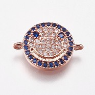 Brass Micro Pave Cubic Zirconia Links, Smiling Face, Blue, Rose Gold, 11.5x16x2mm, Hole: 1mm(KK-I614-016RG)