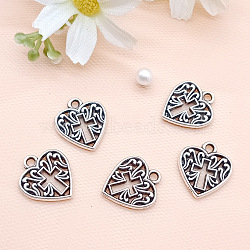 Tibetan Style Alloy Pendants, Heart with Cross, Antique Silver, 15x16x2mm(RELI-PW0001-050AS)