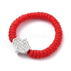 Nylon Thread Cord Braided Rings, with Brass Micro Pave Clear Cubic Zirconia Beads, Hamsa Hand/Hand of Fatima/Hand of Miriam, Platinum, Red, US Size 8(18.1mm)(RJEW-JR00310-01)