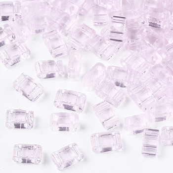 2-Hole Transparent Glass Seed Beads, Rectangle, Pink, 4.5~5.5x2~2.5x2mm, Hole: 0.5~0.8mm
