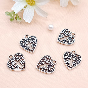 Tibetan Style Alloy Pendants, Heart with Cross, Antique Silver, 15x16x2mm