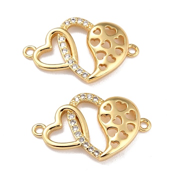 Brass Micro Pave Clear Cubic Zirconia Links Connectors, Heart, Real 18K Gold Plated, 15x24x2.5mm, Hole: 1.4mm