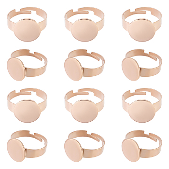 12Pcs Adjustable 304 Stainless Steel Finger Rings Components, Pad Ring Base Findings, Flat Round, Rose Gold, Inner Diameter: 17mm, Tray: 12mm