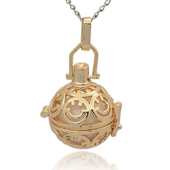 Golden Tone Brass Hollow Round Cage Pendants, with No Hole Spray Painted Brass Round Ball Beads, White, 35x25x21mm, Hole: 3x8mm