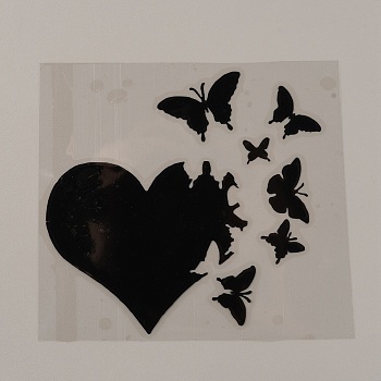 PET Waterproof Self-adhesive Stickers, for Car, Motorcycle Decoration, Black, Heart Pattern, 138x125x0.1mm, Heart: 90x77mm, Butterfly: 12~40x11~27mm