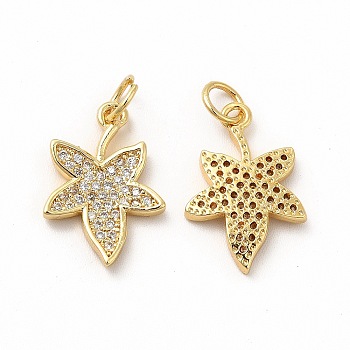 Rack Plating Brass Micro Pave Cubic Zirconia Pendants, with Jump Ring, Real 18K Gold Plated, Long-Lasting Plated, Maple Leaf Charm, Real 18K Gold Plated, 17.5x12x2mm, Hole: 3.6mm