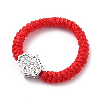Nylon Thread Cord Braided Rings, with Brass Micro Pave Clear Cubic Zirconia Beads, Hamsa Hand/Hand of Fatima/Hand of Miriam, Platinum, Red, US Size 8(18.1mm)
