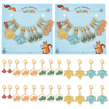 Autumn Maple Leaf Pendant Stitch Markers, Alloy Enamel Crochet Lobster Clasp Charms, Locking Stitch Marker with Wine Glass Charm Ring, Mixed Color, 2.5~3.5cm, 12pcs/set