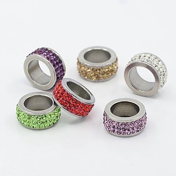 304 Stainless Steel Column Beads, with Polymer Clay Rhinestone, Stainless Steel Metal Color, Mixed Color, 13x6mm, Hole: 8mm