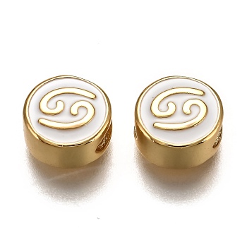 Brass Beads, with Enamel, Flat Round with Constellation, Real 18K Gold Plated, White, Cancer, 10x5mm, Hole: 4.5x2.5mm