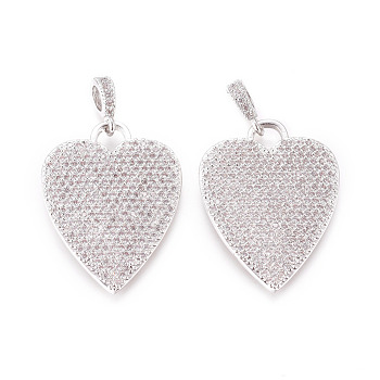 Brass Micro Pave Cubic Zirconia Pendants, with Tube Bails, Heart, Clear, Platinum, 22x21.5x2mm, Tube Bails: 6x3mm, Hole: 3.5x4mm