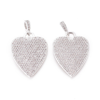 Brass Micro Pave Cubic Zirconia Pendants, Cadmium Free & Lead Free, with Tube Bails, Heart, Clear, Platinum, 22x21.5x2mm, Tube Bails: 6x3mm, Hole: 3.5x4mm