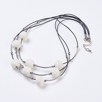 Waxed Cord Tiered Necklace, 3 Layer Necklaces, with Lava Rock Beads and Brass Findings, Creamy White, 20.47 inch(52cm)