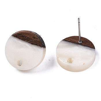 Resin & Walnut Wood Stud Earring Findings, with 304 Stainless Steel Pin, Flat Round, WhiteSmoke, 14mm, Hole: 1.8mm, Pin: 0.7mm