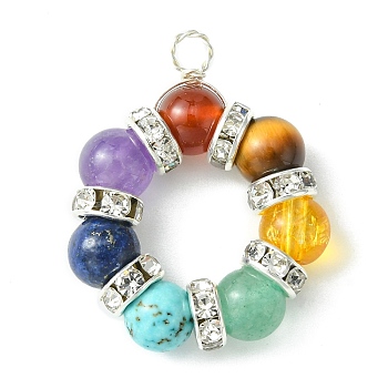 Chakra Gemstone Copper Wire Wrapped Pendants, Round Ring Charms, Silver Color Plated, Mixed Dyed and Undyed, 28x23x6mm, Hole: 2.5mm