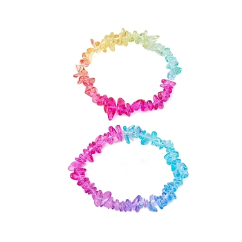 Rainbow Color Glass Chip Beaded Stretch Bracelets for Women, Mixed Color, Inner Diameter: 2-1/8 inch(5.5cm)