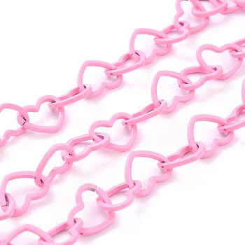 Spray Painted Brass Heart Link Chains, with Spool, Unwelded, Pearl Pink, 15.5x19x2mm, 32.8 Feet(10m)/roll