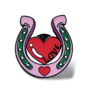 Valentine's Day Enamel Pins, Black Zinc Alloy Brooches for Women, Horse Shoe, 26.5x25x1mm