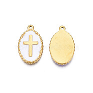 304 Stainless Steel Enamel Pendants, Real 18K Gold Plated, Oval with Cross, White, 23x14x2mm, Hole: 1.6mm(STAS-N092-156B)