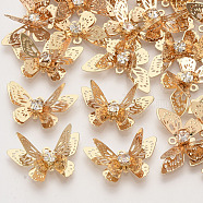 Brass Filigree Pendants, with Crystal Rhinestone, 3D Butterfly, Light Gold, 12x20x4~7mm, Hole: 1.2mm(KK-R082-07LG)