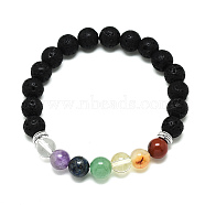 Chakra Jewelry, Natural Gemstone Beads Stretch Bracelets, with Synthetic Lava Rock Beads and Alloy Beads, Round, Inner Diameter: 2-1/8 inch(5.5cm), Beads: 8.5mm(BJEW-R309-02-A16)