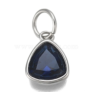 304 Stainless Steel Cubic Zirconia Pendant, Triangle, Stainless Steel Color, Dark Blue, 12.5x9.5x5mm, Hole: 5mm(ZIRC-P080-B11)