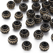 Painted Natural Wood Beads, Round with Laser Engraved Leaf Pattern, Black, 10x9mm, Hole: 2.5mm(WOOD-T021-56)
