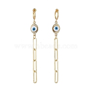 Brass Clip-on Hoop Earrings, with Paperclip Chains and Brass Enamel Links, Evil Eye, Golden, 84mm, Pin: 1.4mm(EJEW-JE04108)