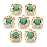 Glass Pendants, with Brass Open Back Settings, Faceted, Square, Light Gold, Green, 21.5x19x7mm, Hole: 1.5mm(GLAA-T021-15A)