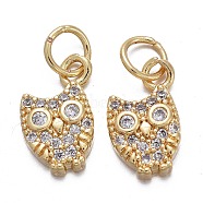 Brass Micro Pave Cubic Zirconia Charms, with Jump Rings, Owl, Clear, Real 18K Gold Plated, 12x7x2.5mm, Jump Rings: Inner Diameter: 3.5mm(X-KK-K244-05G)