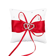 Tribute Silk Wedding Ring Pillow with Polyester Ribbon and Alloy Heart, Square, Red, 100x100x39mm(DIY-WH0325-48C)