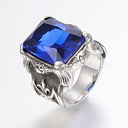 304 Stainless Steel Finger Rings, with Cubic Zirconia, Rectangle, Blue, 17~22mm(RJEW-G091-26-C)