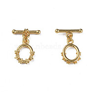 Brass Toggle Clasps, Nickel Free, Oval with Flower, Real 18K Gold Plated, 26mm, Hole: 2mm(KK-N233-390LG)