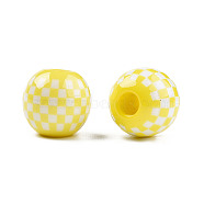 Opaque Resin European Beads, Large Hole Beads, Round with Tartan Pattern, Yellow, 19.5x18mm, Hole: 6mm(RESI-N022-11-03)