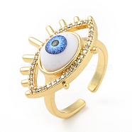 Cubic Zirconia Sun with Evil Eye Open Cuff Ring with Enamel, Real 18K Gold Plated Brass Jewelry for Women, Cadmium Free & Lead Free, Blue, US Size 6(16.5mm)(RJEW-B042-08G-03)
